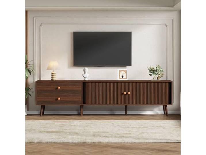 RAPRAP TV Schrank Holz 180cm mit 2 Schubladen & 2 Rollladentüren, TV Lowboard Stehend für 80 Zoll, Walnuss Fernsehschrank mit 8 Beinen, Stabil & elegant,N