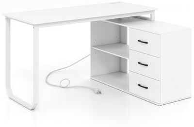 Costway 55 Inch Reversible L Shaped Desk with 3 Drawers Home Office Desk with Adjustable Shelf-White