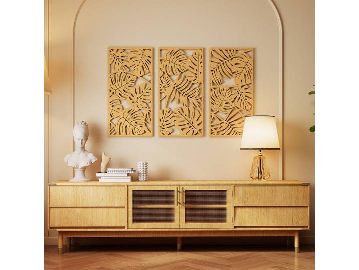 HOMCOM Décorations Murales 3D Bois 40x80cm Feuilles Tropicales