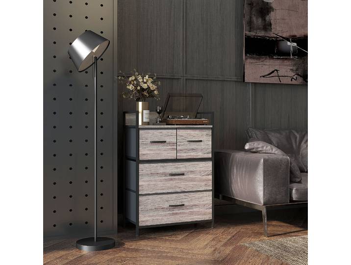 HOMCOM Commode Industrielle 4 Tiroirs Tissu Gris avec Étagère