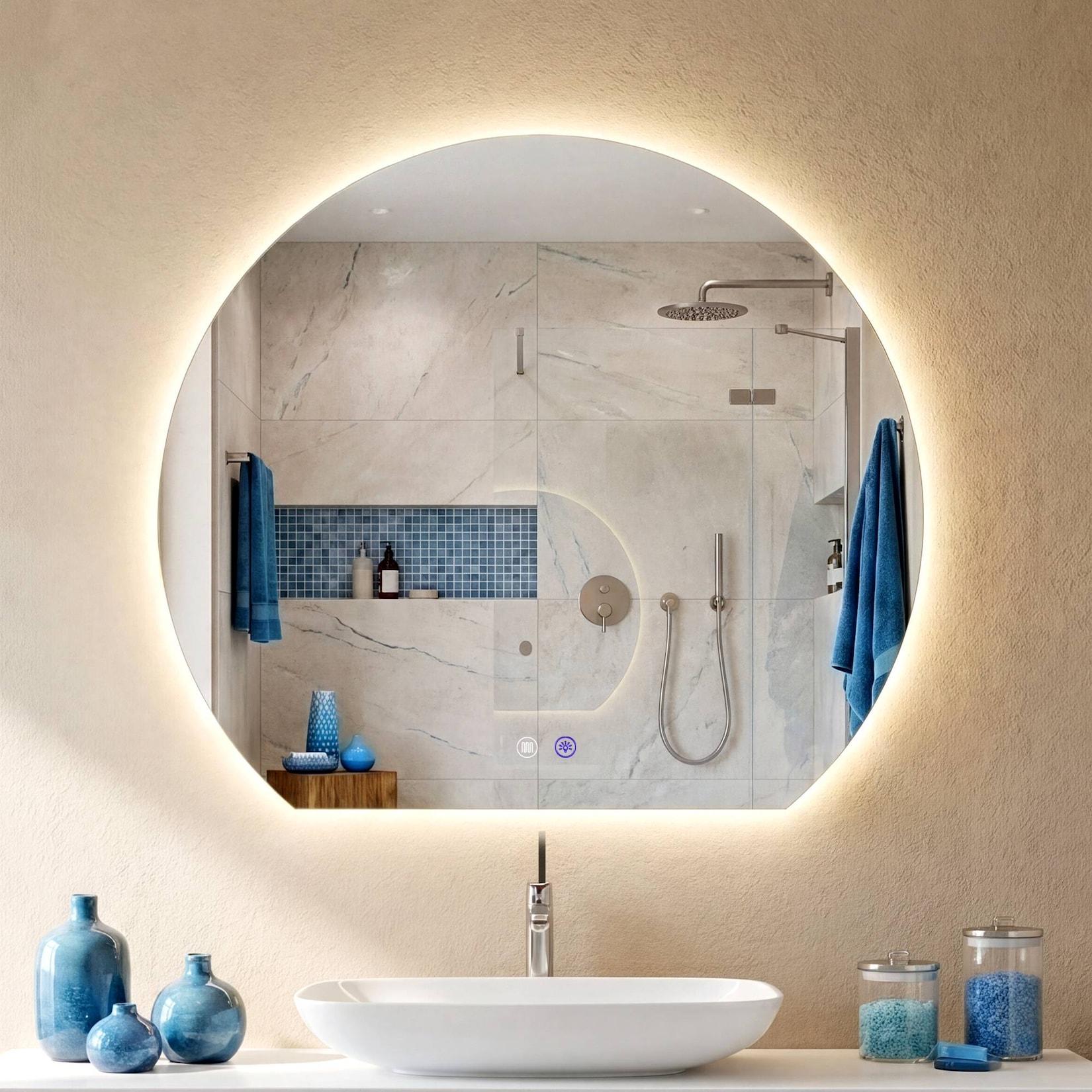 CLP Badspiegel mit LED-Beleuchtung halbrund, Badezimmerspiegel mit Touch-Dimmer, 3 Lichtfarben, beschlagfrei, rahmenloser Wandspiegel Baloni