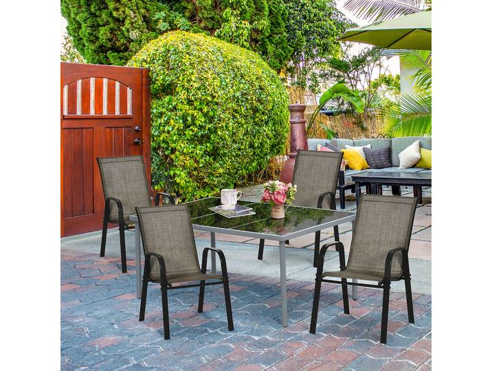 Outsunny Ensemble 4 Chaises Extérieur Métal Tissu Marron Empilables