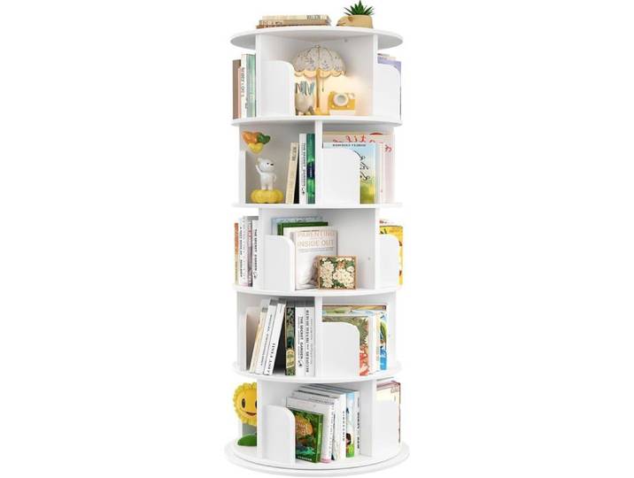 Bibliothèque Rotative 5 Niveaux en Bois - Tour Pivotante 360° sur Roulettes - Étagère Étroite pour Chambre et Bureau