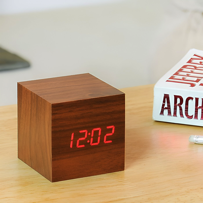 HomeDecorAndMore LLC Real LED Wooden Cube Clock With Vintage Charm And Modern Functionality For Home Or Office Decor Walnut Orange Light