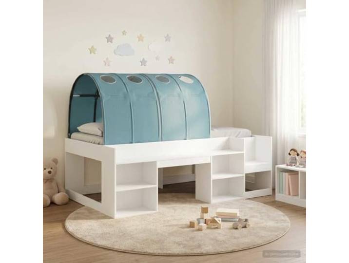 RJPLMFV Hochbett für Kinder, 3-teilig, weiß, hellblau Holzwerkstoff, fester Lattenrahmen, integrierte Regale, einfache Montage