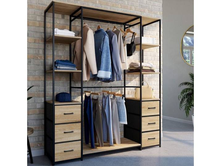 IDMARKET Dressing double penderie + double colonne L. 140 cm UTAH avec 6 étagères et 6 bacs en tissu bois et noir