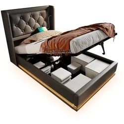 Polsterbett 90x200 mit hydraulischem Stauraum, USB- und Typ-C-Anschlüssen – elegantes Design in Schwarz aus PU für praktischen Komfort und Stauraum