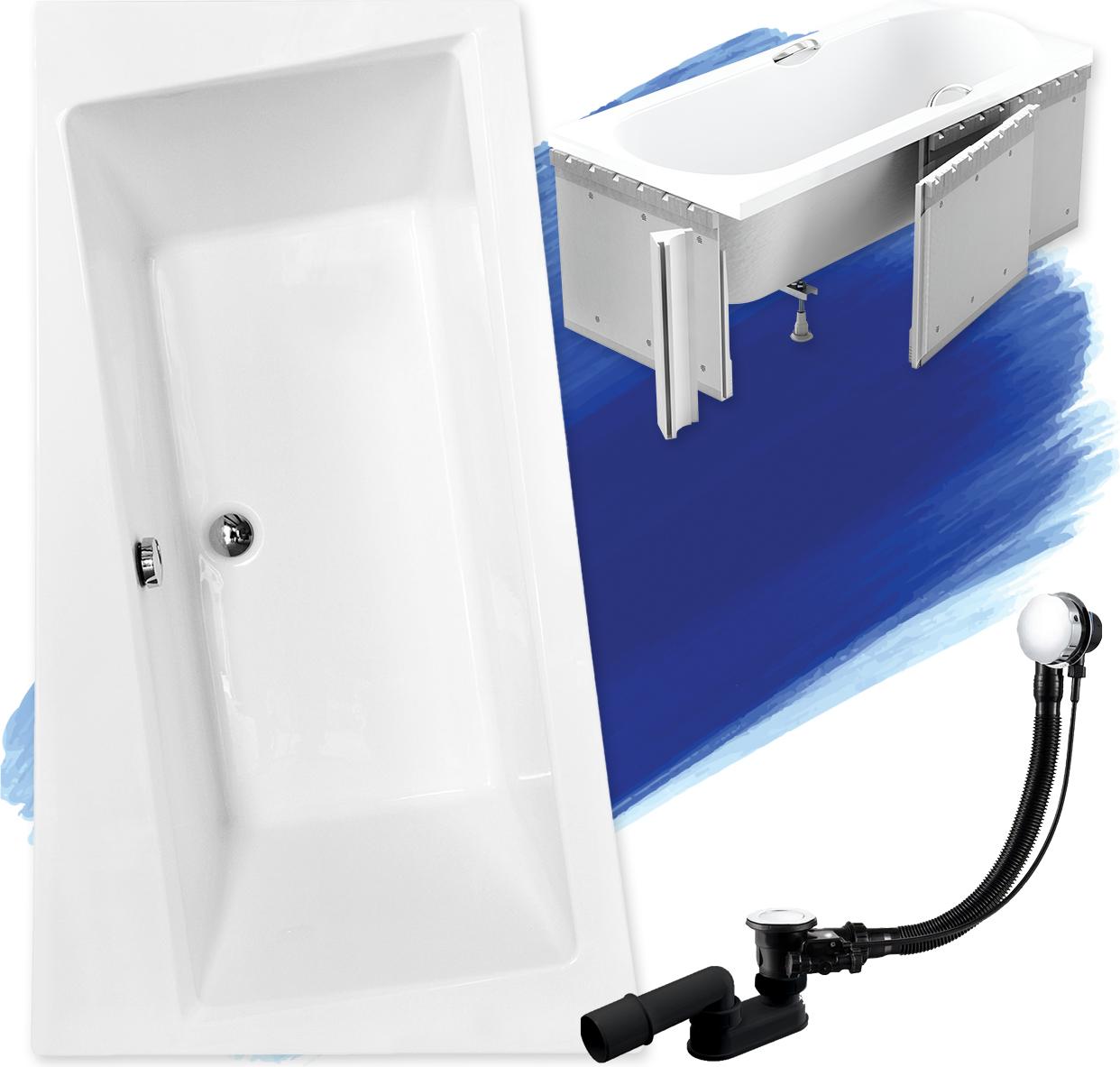 BADLAND Eckbadewanne Rechteck Badewanne Infinity LINKS 160x100 mit Ablaufgarnitur, Füßen und Styroporverkleidung GRATIS