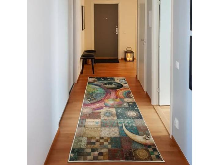 ABAKUHAUS Planeten Dekorativer Teppich, Patchwork-Look im Weltraum, Hochwertiger Flächenteppich für Schlafzimmer und Wohnzimmer, 76x229 cm, Mehrfarbig Brau