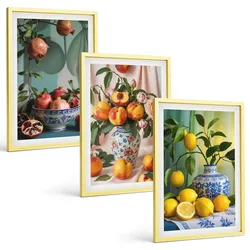 BILDER SET 3er Set - 40x60 cm Goldrahmen - Granatäpfel, Pfirsiche, Zitronen
