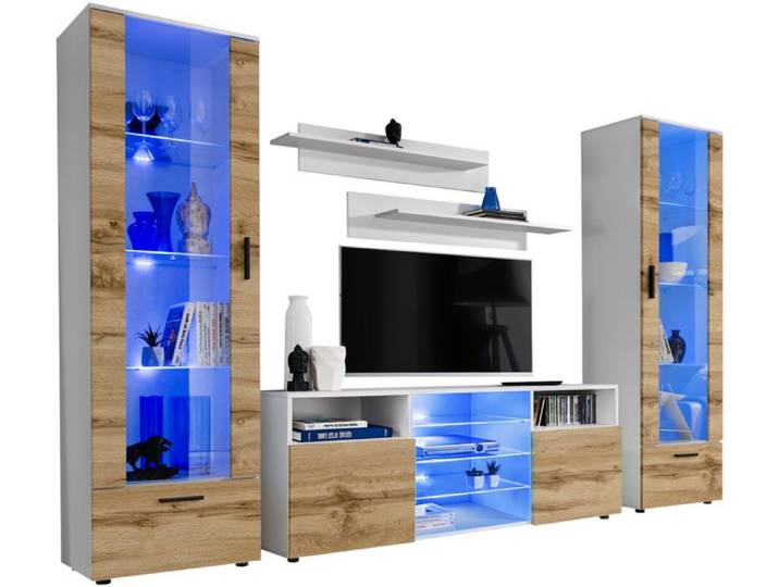 Meuble TV Tower Extreme Furniture - LED bleues - Bois naturel Mat & Blanc - L~260cmxH192cmxP42cm