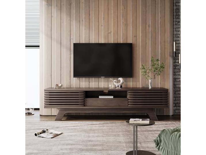 Merax TV Schrank 150x35x44 cm, TV Lowboard mit 1 Schublade, 2 Türen, offenen Fächern und Kabeldurchführung, für Fernseher und Multimedia-Geräte, Holzfarbe