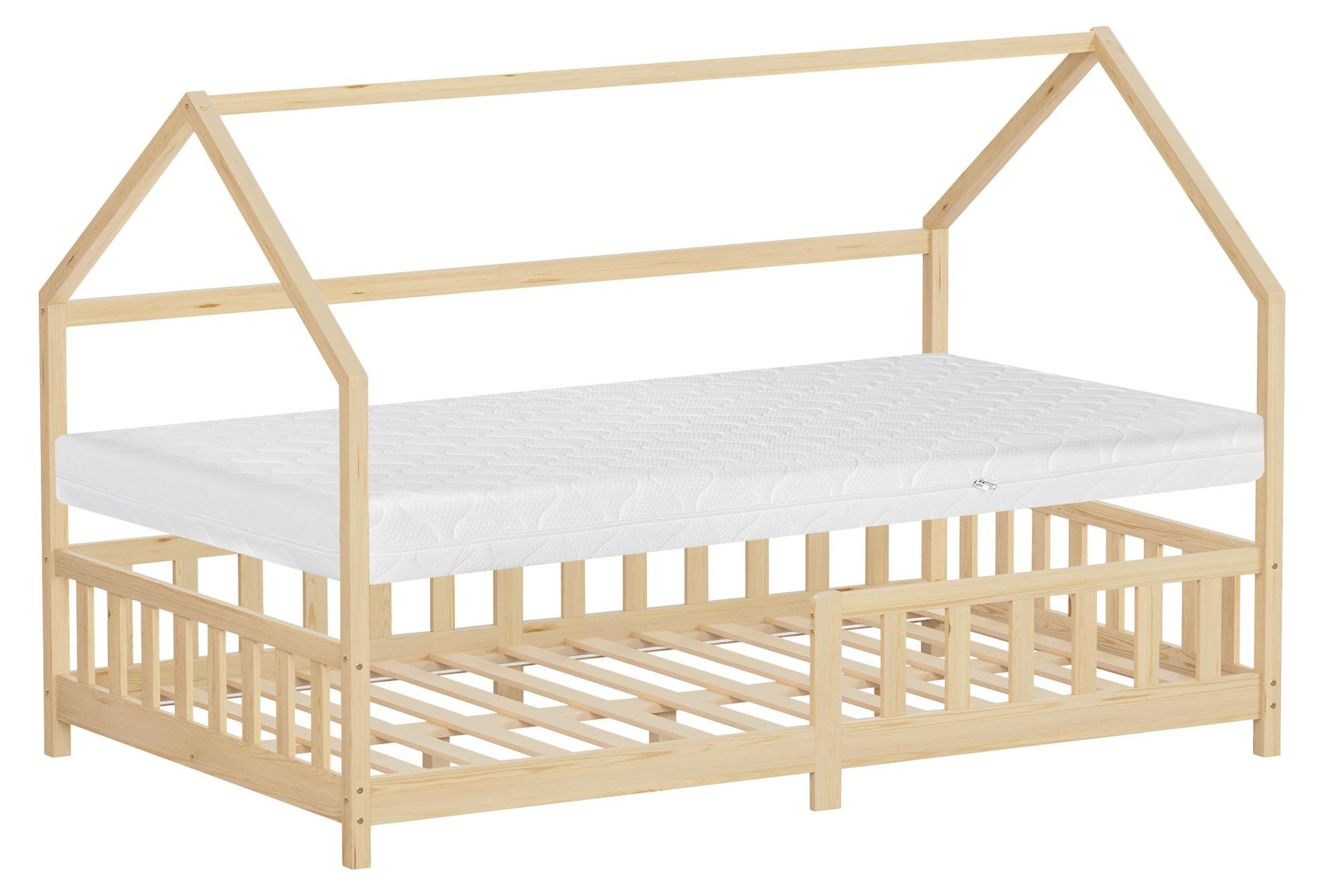 ML-Design Kinderbett 120x200cm mit Matratze Rausfallschutz Dach & Lattenrost Natur Montessori Bodenbett aus Kiefernholz Hausbett für Mädchen & Jungen