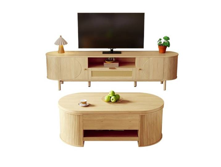 Ensemble salon moderne avec table basse réglable + meuble TV à rangements - Design harmonieux bords arrondis