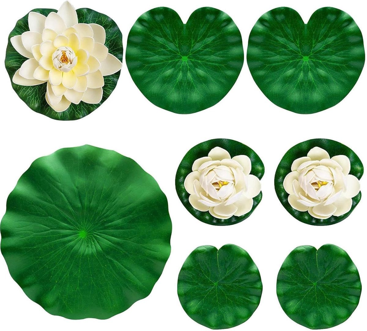 Set van 9 realistische kunstmatige waterlelie bladeren voor decoratie van waterpartijen, groen