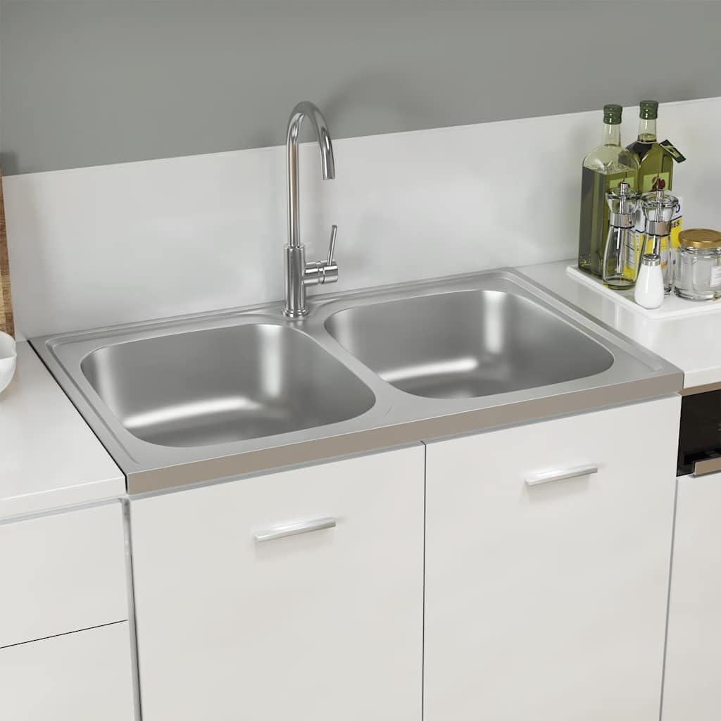 Reversible Doppelspüle aus Edelstahl 800x500x155 mm mit zwei Becken, Abtropffläche und zwei Wasserhahnlöchern