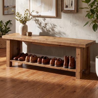1Easylife "63"" Solid Wood Storage Bench, Entryway Shoe Bench with Open Storage Shelf, Rustic Fir Wood Bench, Farmhouse End of Bed Bench"