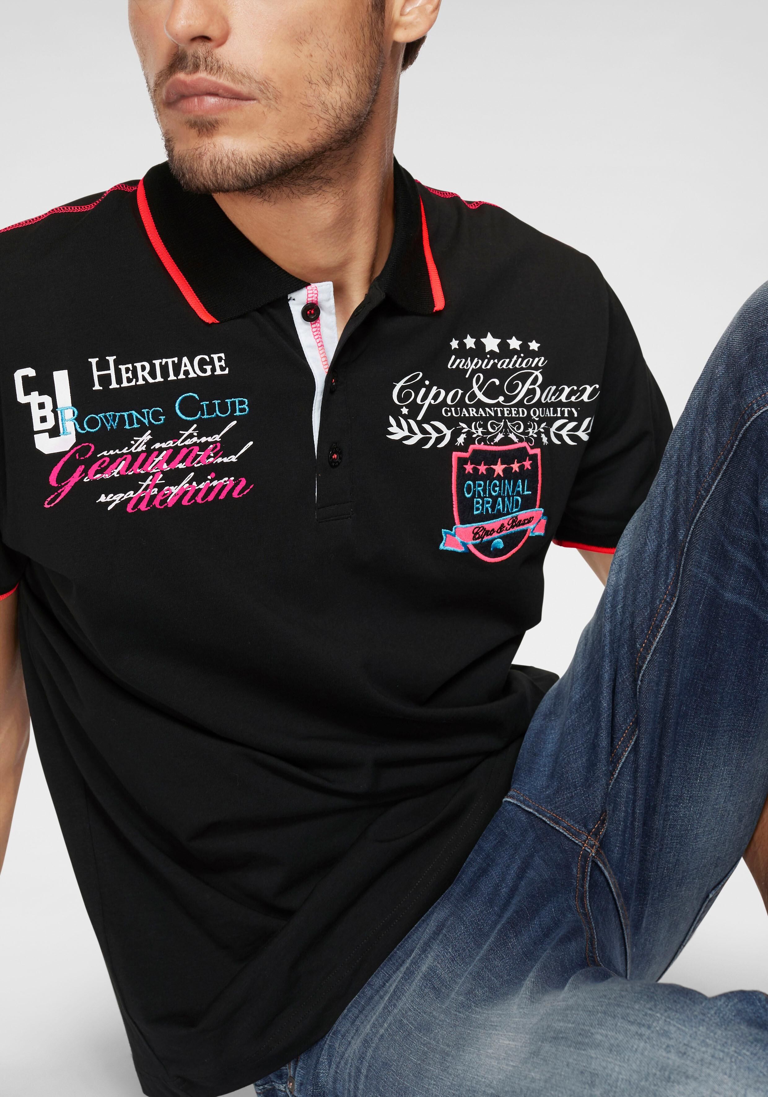 Poloshirt CIPO & BAXX "Rowing Club", Herren, Gr. XL, schwarz, Single Jersey, Obermaterial: 95% Baumwolle, 5% Elasthan, bedruckt, schmal, angesetztes Bündchen, Shirts Poloshirt, bis Gr. 5XL schwarz XL