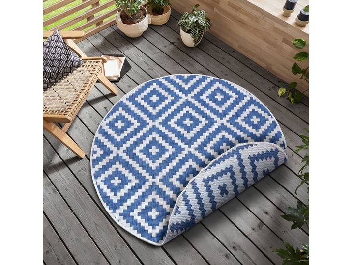 Teppich GOODPRODUCT Ronda Wendeteppich , blau (blau, creme), H:5mm Ø:120cm, Kunstfaser, Teppiche, Teppich, Sisal-Optik, Flachgewebe, In- und Outdoor, geometrisches Boho Design