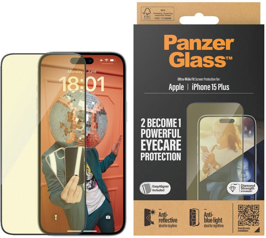 iPhone 15 Plus / 16 Plus PanzerGlass Ultra Wide Fit Beskyttelsesglas m. EasyAligner - Anti-Reflective - Anti-Blue Light - Diamond Strength - Gennemsigtig / Sort Kant