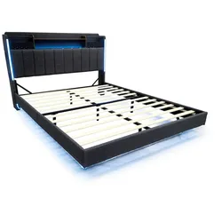Merax Polsterbett, LED Schwebebett Doppelbett 140x200cm mit USB-Aufladen und Stauraum, grau