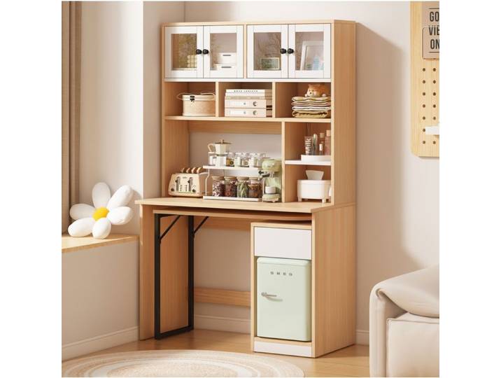 Bureau Droit 4 Portes 1 Tiroir Niches et Plateau Pivotant - MEUNIQ - MDF Blanc et Bois Clair Bureau 110×55×180 cm