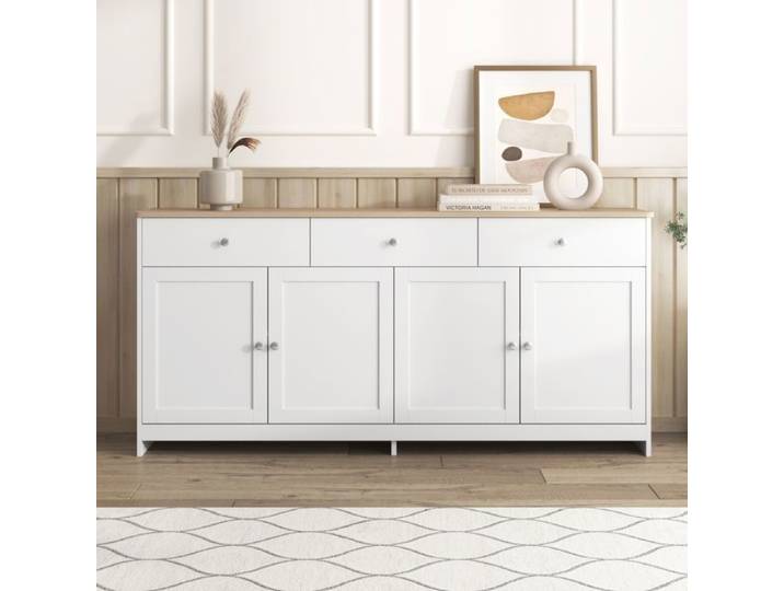 Buffet - SUNFECILI - Buffet haut - 4 portes - 3 tiroirs - Blanc et bois naturel