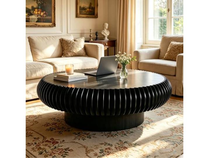 RYDZCLH Runder Couchtisch 100 cm Durchmesser, Runder Holztisch Moderner, Einzigartiger Couchtisch Mit Rillenmuster, Beistelltisch Für Wohnzimmer, Kleine Räume, Wohnung,Schwarz,100cm