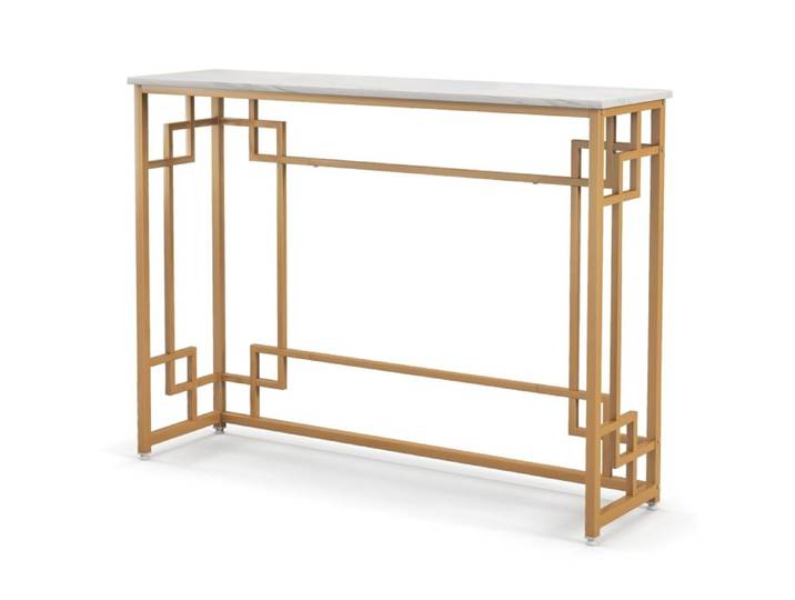 Table Console Moderne Marbre Faux - Cadre Géométrique Doré Plateau 121cm - Anti-Bascule Pieds Réglables - Blanc