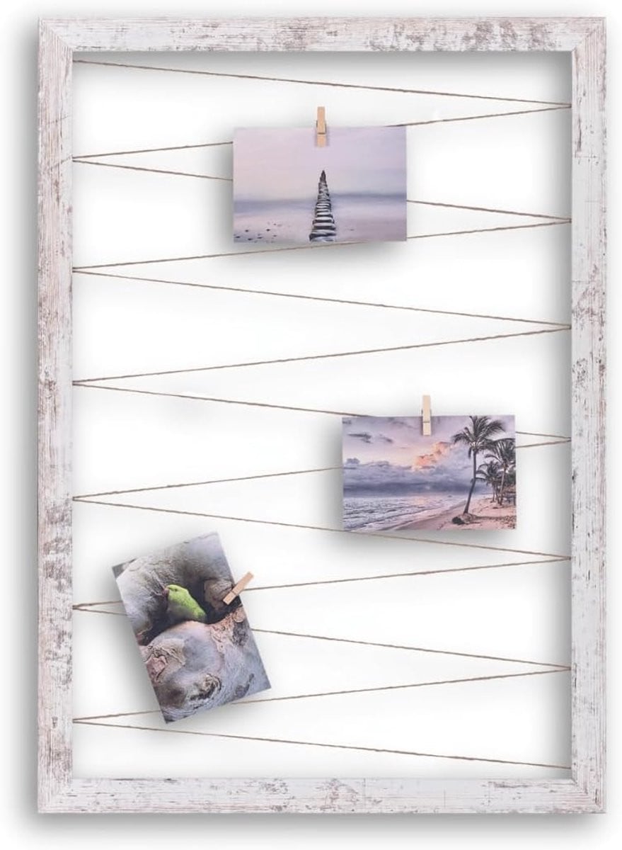 Fotohouder Lijn Collage Frame met Houten Clips - Vintage Wit - 40 x 60 cm
