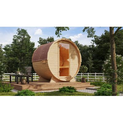Fasssauna KARIBU "naturbelassen mit Ofen 9 kW integr. Strg.", beige (naturbelassen), Saunaofen, (ohne Ofen), Saunen, Ofen 9 kW integr. Strg