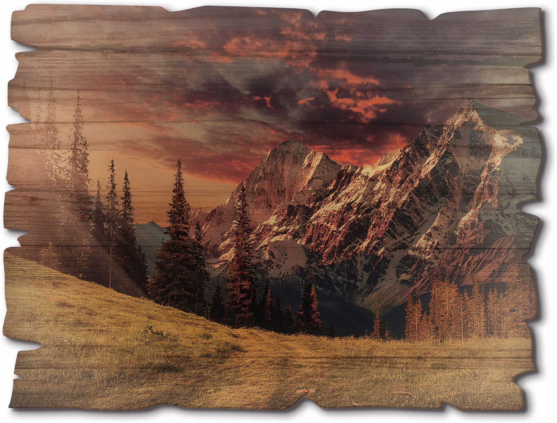 Holzbild ARTLAND "Alpines Hochland", rot (farbe bild(er): rot), B:40cm H:30cm, Bilder, Holzbild farbe bild(er): rot B/H/T: 40cm x 30cm, Holzbild Berge & Alpenbilder Querformat, 1 Stk.