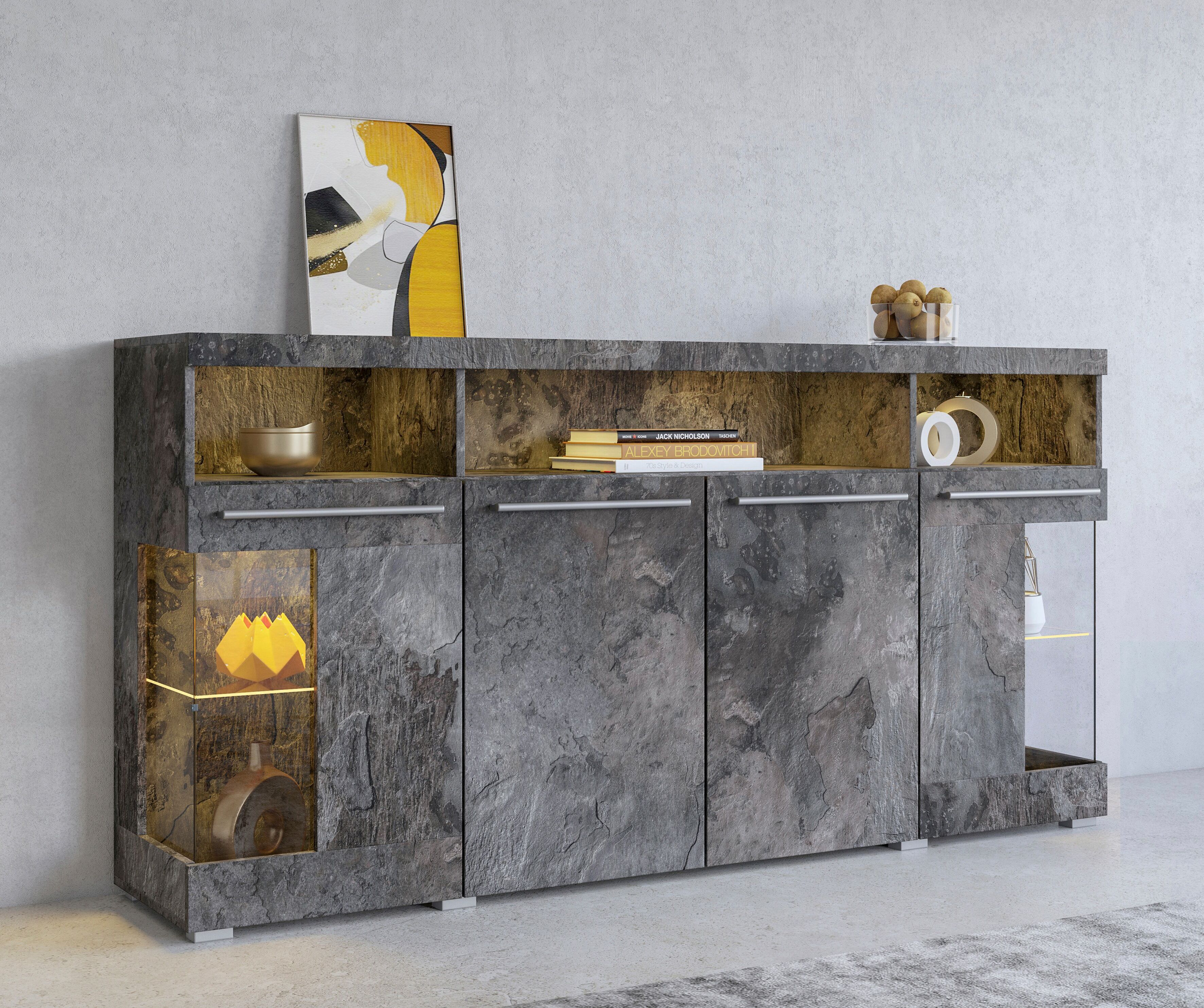 Sideboard GOODPRODUCT "India,Breite 182cm, stilvolle Kommode mit Glastüren", schwarz (schiefer, schiefer), B:182cm H:92cm T:38,5cm, Sideboards, Sideboard, Kombikommode viel Stauraum, Einlegeböden verstellbar,ohne Beleuchtung schiefer, schiefer B/H/T: 182c