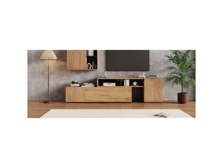 WOVREO ensemble meuble TV mural complet 174-265 cm avec meuble mural 4 portes panneaux de particules bois et noir