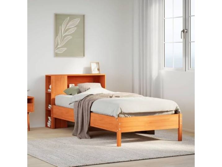 RJPLMFV Bücherbett, Kiefernholz, massiv, 100 x 200 cm, Braun Ohne Matratze, Lattenrost inklusive, integrierte Aufbewahrung, ersetzt Nachttisch