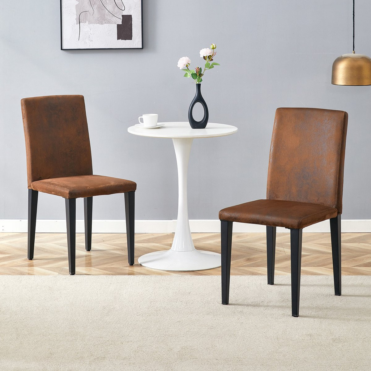 FloraGrace Set van 2 Eetkamerstoelen met Ergonomische Rugleuning - Bruin Zwart - Metaal