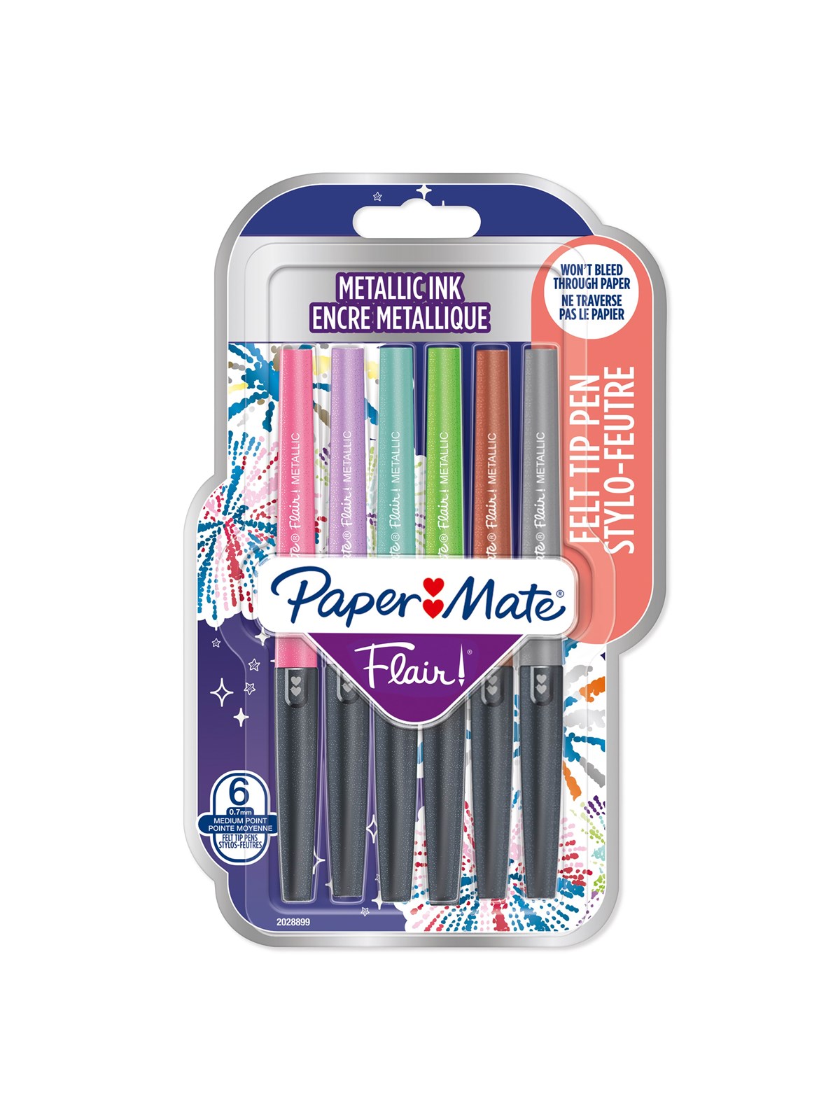 Paper Mate Flair Stifte | Metallic-Filzstifte | mittlere Spitze (0,7 mm) | glitzernde Tinte glänzt auf weißem Papier | farblich sortiert | 6 Stück