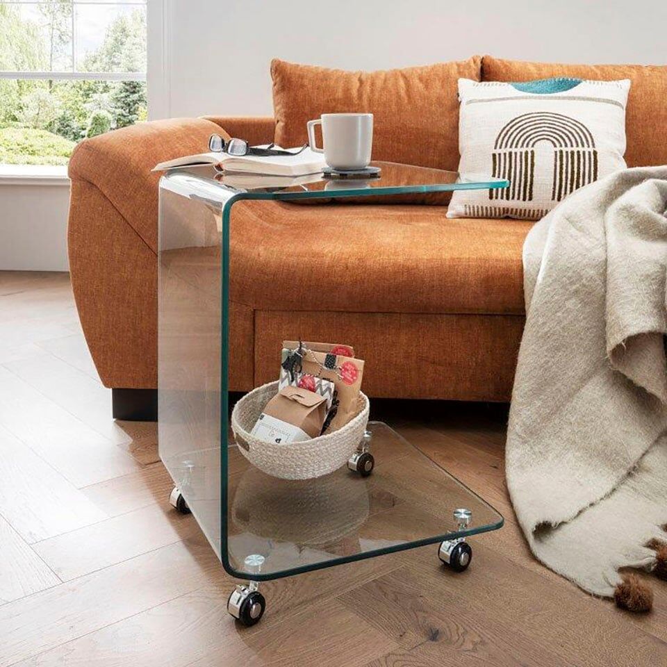 Beistelltisch PAROLI "Peppe", transparent (klarglas), B:45cm H:60cm T:45cm, Tische, Beistelltisch, aus Glass mit Rollen