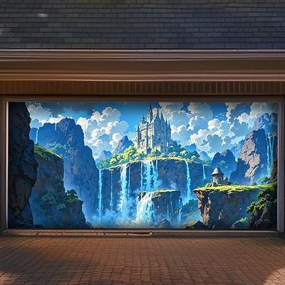 Japanischer Zen-Wasserfall, rosa Kirschblüten, Mond, Garagentorbanner, Naturlandschaft, Bergfluss, Außenwanddekoration, Hausfassade, Garten, Feiertagswandbild, Hintergrund