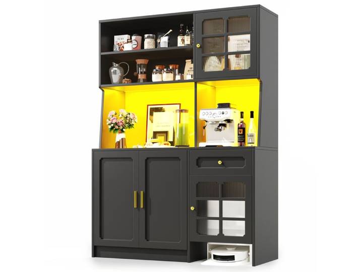 Buffet haut - HIBA - 130x45x180 cm - Noir - Éclairage LED connecté - Avec tiroir et zone ouverte