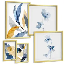 BILDER SET 5er Set - 50x50 cm & 20x30 cm & 40x60 cm Goldrahmen - Aquarell-Pflanzenmotive