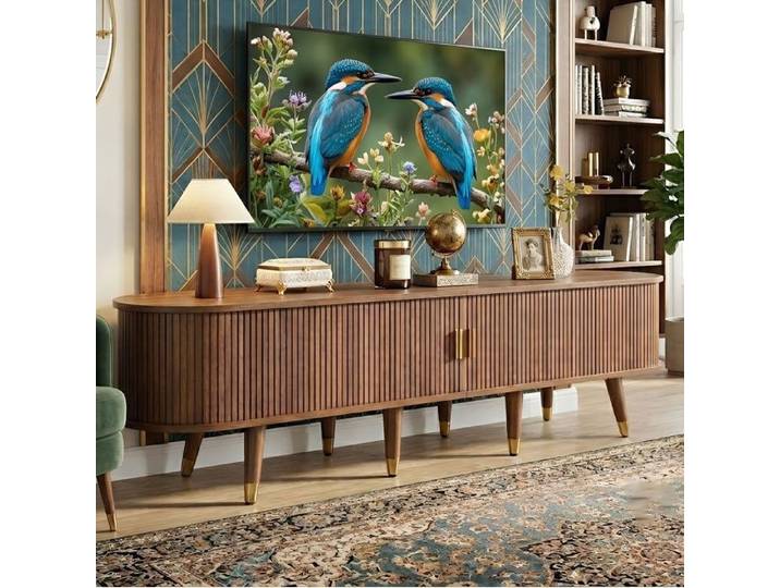 Meuble TV 175cm - Porte Coulissante Rattan - Grand Stockage - Style Vintage Bohème - Pieds Métal Doré - MDF Noyer