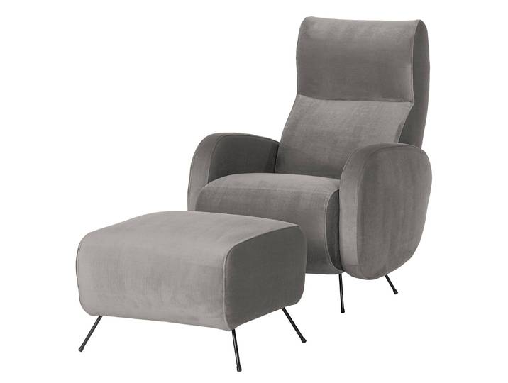 Sessel Vains Grau/Lichtgrau Samt Ravi mit Hocker 78 x 104 x 93cm