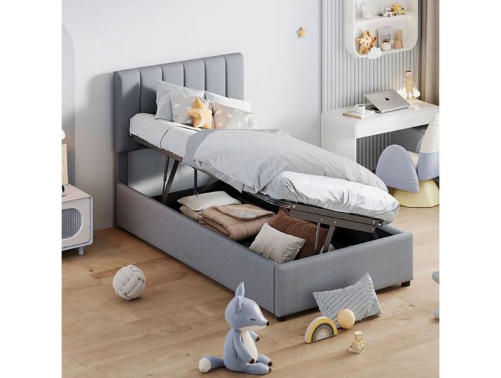 Lit enfant 90x200 cm - ADWOLT - Lit coffre hydraulique - Lin gris - 1 place - Sommier inclus