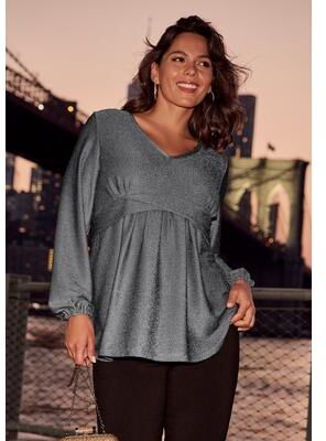 Plus Size Women's Peplum Shimmer Top by Avenue in Gunmetal Shimmer (Size 14)