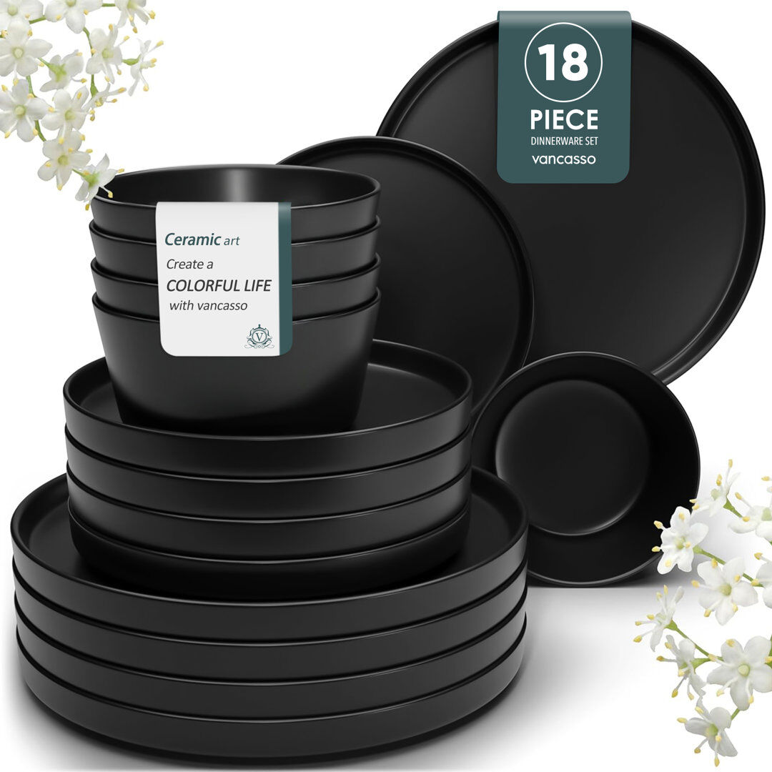 Vancasso 18 Piece Stoneware Dinnerware Set - Service for 6 Black 18