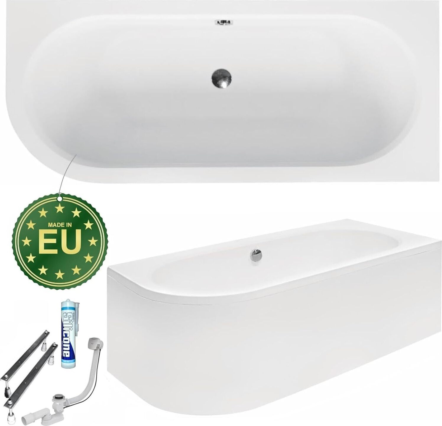ECOLAM Badewanne 150x75 RECHTS Avita Eckbadewanne mit Schürze | Acrylwanne mit Mittelablauf Eckwanne + Schürze Füße Silikon Ablaufgarnitur Komplettset