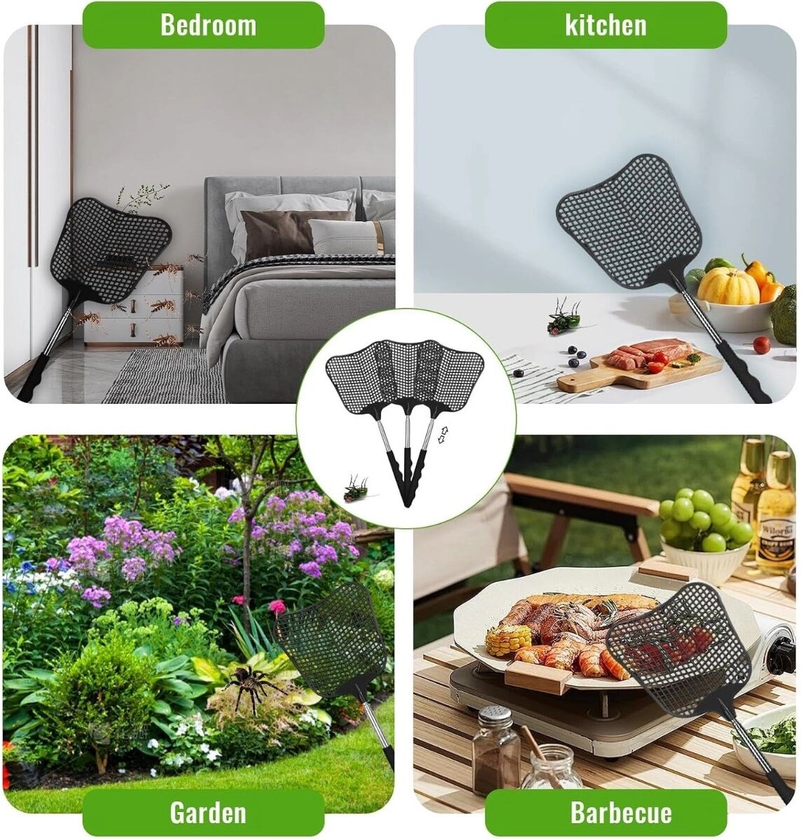 INF Ausziehbare Fliegenklatsche im 3er-Set mit 65cm Griff, Edelstahlkopf und leichter PP/PVC-Konstruktion