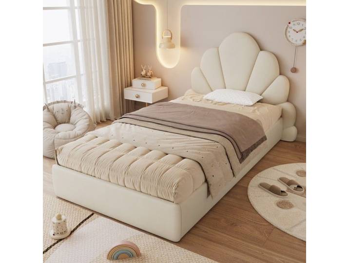 Lit rembourré beige en velours - BLACKCOLOR - 90x200 cm - Tête de lit design pétale - Dimensions totales 205x137 5x103 cm