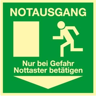 Aufkleber Notausgang Nur bei Gefahr Nottaster betätigen, Folie, nachl.,160-mcd, 148x148 mm